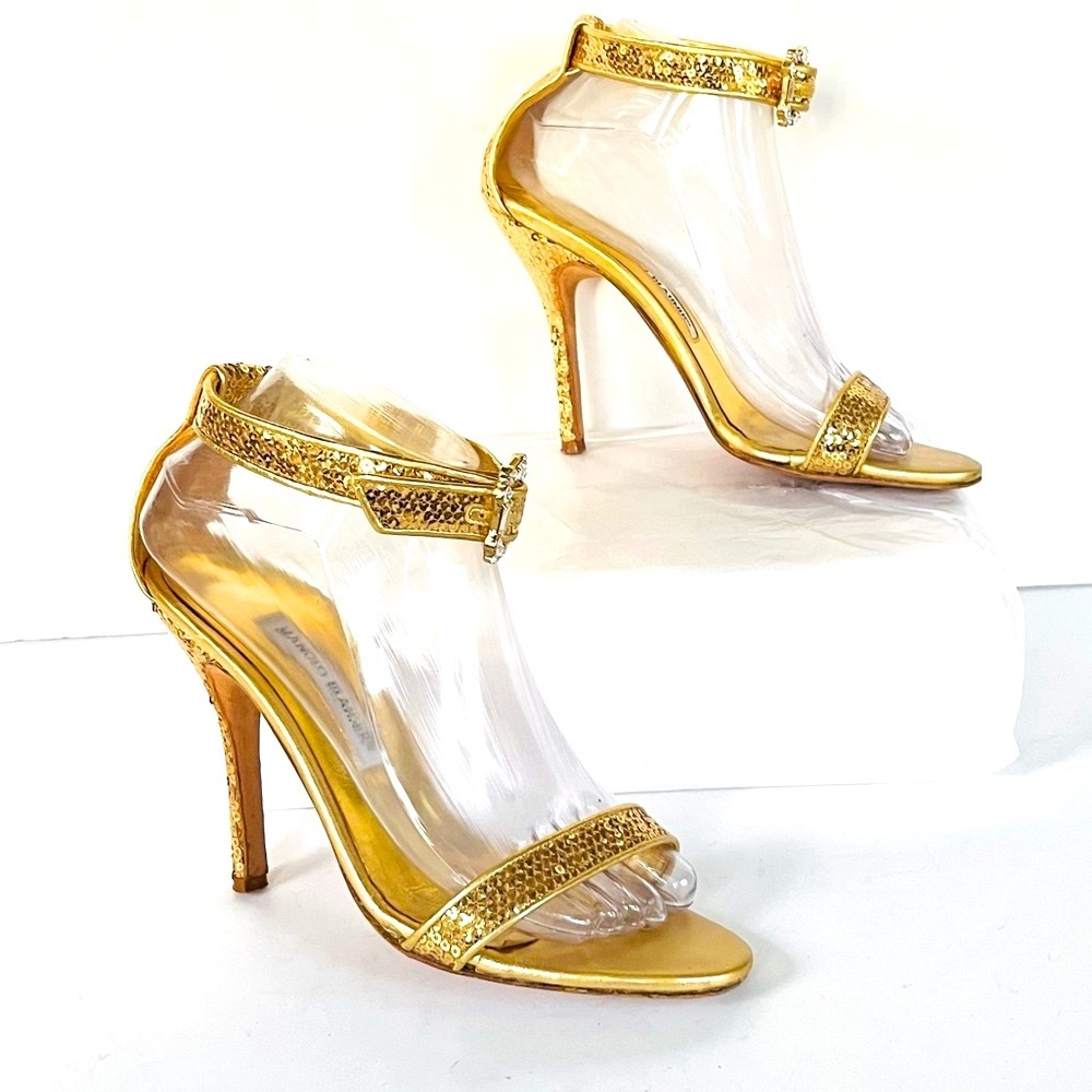 Manolo Blahnik gold sequin heels with crystal buckle 38
